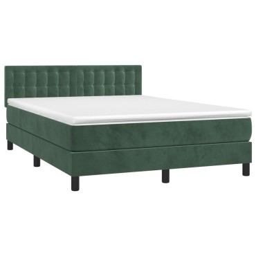 vidaXL Κρεβάτι Boxspring με Στρώμα & LED Σκ. Πράσινο 140x200εκ Βελούδο