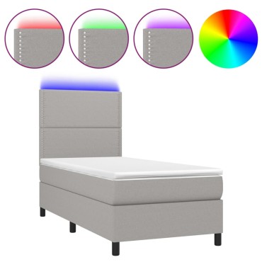 vidaXL Κρεβάτι Boxspring με Στρώμα & LED Αν.Γκρι 100x200εκ. Υφασμάτινο