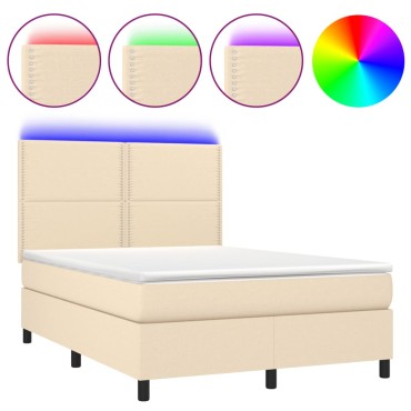 vidaXL Κρεβάτι Boxspring με Στρώμα & LED Κρεμ 140x190cm Υφασμάτινο 1 τεμ. - Μονό