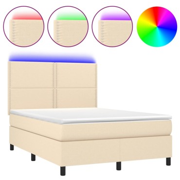 vidaXL Κρεβάτι Boxspring με Στρώμα & LED Κρεμ 140x200 εκ. Υφασμάτινο