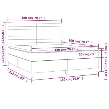 vidaXL Κρεβάτι Boxspring με Στρώμα & LED Αν.Γκρι 180x200εκ. Υφασμάτινο