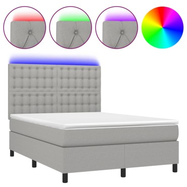 vidaXL Κρεβάτι Boxspring με Στρώμα & LED Αν.Γκρι 140x190εκ. Υφασμάτινο