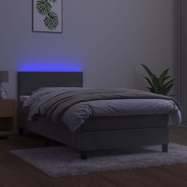 vidaXL Κρεβάτι Boxspring με Στρώμα & LED Αν.Γκρι 90x200 εκ. Βελούδινο