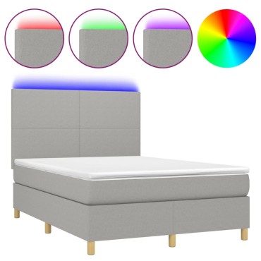 vidaXL Κρεβάτι Boxspring με Στρώμα & LED Αν.Γκρι 140x200εκ. Υφασμάτινο