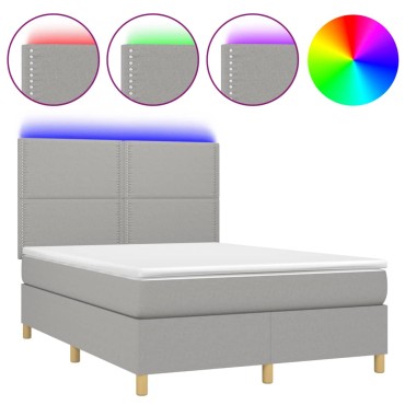 vidaXL Κρεβάτι Boxspring με Στρώμα & LED Αν.Γκρι 140x200εκ. Υφασμάτινο