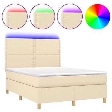 vidaXL Κρεβάτι Boxspring με Στρώμα & LED Κρεμ 140x200 εκ. Υφασμάτινο