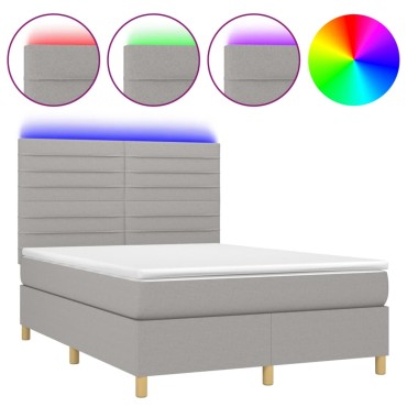 vidaXL Κρεβάτι Boxspring με Στρώμα & LED Αν.Γκρι 140x200εκ. Υφασμάτινο
