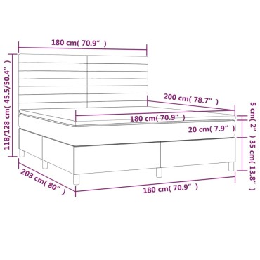 vidaXL Κρεβάτι Boxspring με Στρώμα & LED Αν.Γκρι 180x200εκ. Υφασμάτινο
