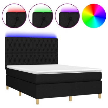 vidaXL Κρεβάτι Boxspring με Στρώμα & LED Μαύρο 140x200 εκ. Υφασμάτινο