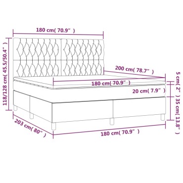 vidaXL Κρεβάτι Boxspring με Στρώμα & LED Αν.Γκρι 180x200εκ. Υφασμάτινο