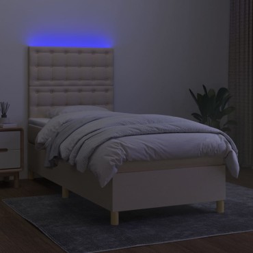 vidaXL Κρεβάτι Boxspring με Στρώμα & LED Κρεμ 100x200 εκ. Υφασμάτινο