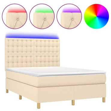 vidaXL Κρεβάτι Boxspring με Στρώμα & LED Κρεμ 140x190 εκ. Υφασμάτινο