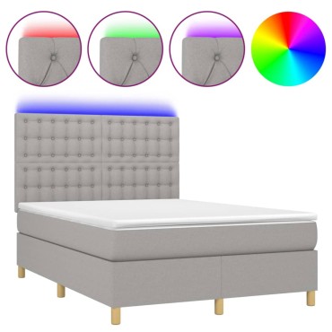 vidaXL Κρεβάτι Boxspring με Στρώμα & LED Αν.Γκρι 140x200εκ. Υφασμάτινο
