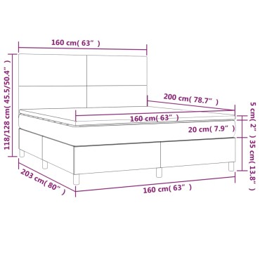 vidaXL Κρεβάτι Boxspring με Στρώμα & LED Σκ. Γκρι 160x200cm Βελούδινο 1 τεμ. - Διπλό