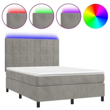 vidaXL Κρεβάτι Boxspring με Στρώμα & LED Αν.Γκρι 140x200 εκ. Βελούδινο