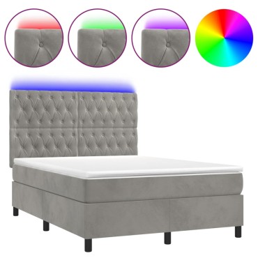 vidaXL Κρεβάτι Boxspring με Στρώμα & LED Αν.Γκρι 140x200cm Βελούδινο 1 τεμ. - Διπλό