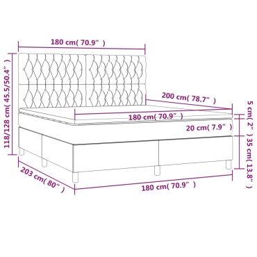 vidaXL Κρεβάτι Boxspring με Στρώμα & LED Αν.Γκρι 180x200 εκ. Βελούδινο