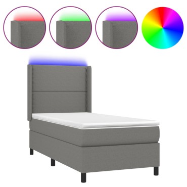 vidaXL Κρεβάτι Boxspring με Στρώμα & LED Σκ.Γκρι 100x200 εκ Υφασμάτινο