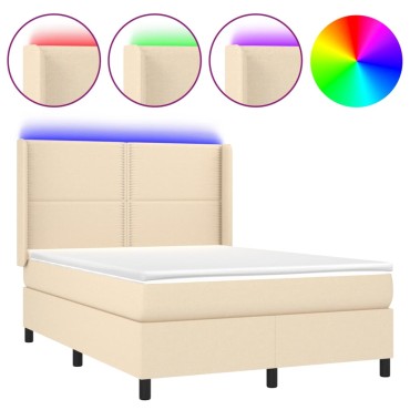 vidaXL Κρεβάτι Boxspring με Στρώμα & LED Κρεμ 140x190cm Υφασμάτινο 1 τεμ. - Μονό