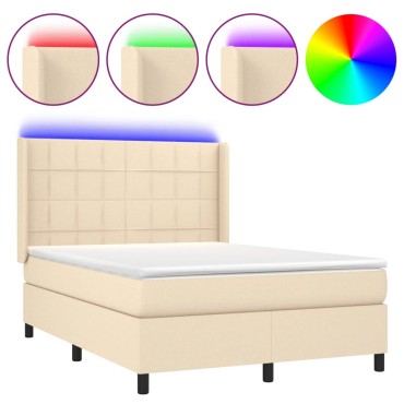 vidaXL Κρεβάτι Boxspring με Στρώμα & LED Κρεμ 140x190cm Υφασμάτινο 1 τεμ. - Μονό