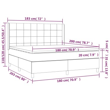 vidaXL Κρεβάτι Boxspring με Στρώμα & LED Αν.Γκρι 180x200εκ. Υφασμάτινο