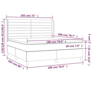 vidaXL Κρεβάτι Boxspring με Στρώμα & LED Αν.Γκρι 180x200εκ. Υφασμάτινο