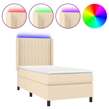 vidaXL Κρεβάτι Boxspring με Στρώμα & LED Κρεμ 80x200cm Υφασμάτινο 1 τεμ. - Μονό
