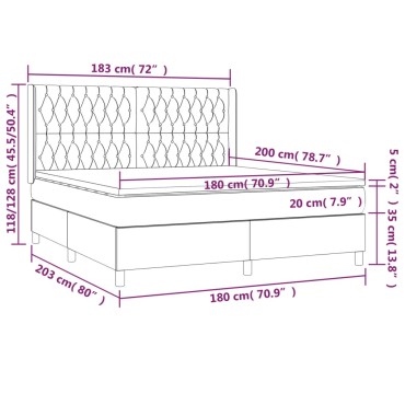 vidaXL Κρεβάτι Boxspring με Στρώμα & LED Αν.Γκρι 180x200εκ. Υφασμάτινο