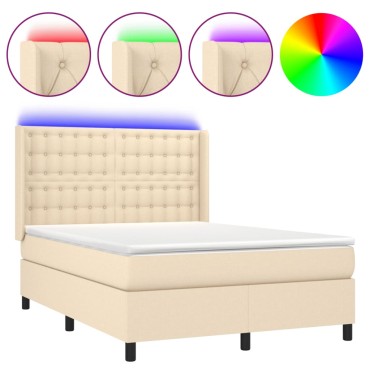 vidaXL Κρεβάτι Boxspring με Στρώμα & LED Κρεμ 140x190cm Υφασμάτινο 1 τεμ. - Μονό