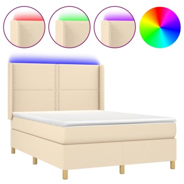 vidaXL Κρεβάτι Boxspring με Στρώμα & LED Κρεμ 140x200 εκ. Υφασμάτινο