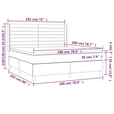 vidaXL Κρεβάτι Boxspring με Στρώμα & LED Αν.Γκρι 180x200εκ. Υφασμάτινο