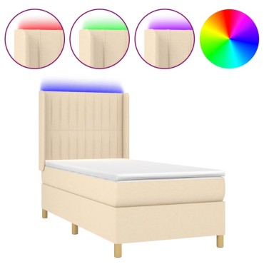 vidaXL Κρεβάτι Boxspring με Στρώμα & LED Κρεμ 80x200cm Υφασμάτινο 1 τεμ. - Μονό