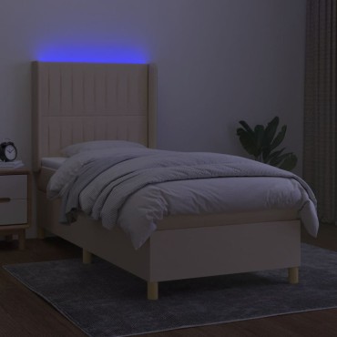 vidaXL Κρεβάτι Boxspring με Στρώμα & LED Κρεμ 80x200cm Υφασμάτινο 1 τεμ. - Μονό