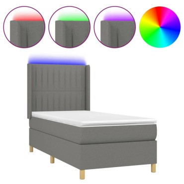 vidaXL Κρεβάτι Boxspring με Στρώμα & LED Σκ.Γκρι 90x190cm Υφασμάτινο 1 τεμ. - Μονό
