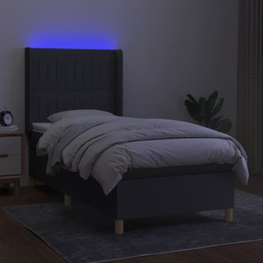 vidaXL Κρεβάτι Boxspring με Στρώμα & LED Σκ.Γκρι 90x190cm Υφασμάτινο 1 τεμ. - Μονό