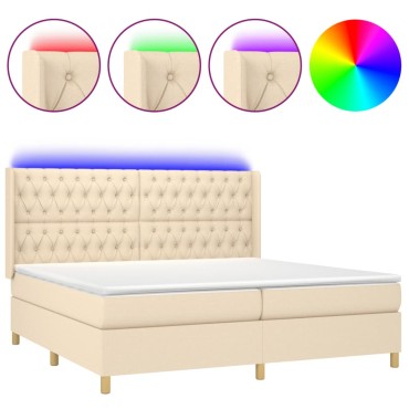vidaXL Κρεβάτι Boxspring με Στρώμα & LED Κρεμ 200x200 εκ. Υφασμάτινο