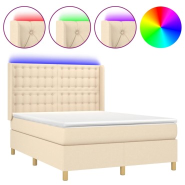 vidaXL Κρεβάτι Boxspring με Στρώμα & LED Κρεμ 140x190 εκ. Υφασμάτινο