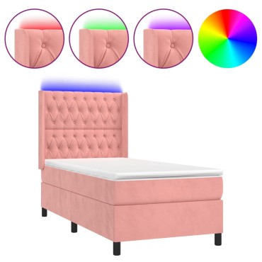 vidaXL Κρεβάτι Boxspring με Στρώμα & LED Ροζ 100x200 εκ. Βελούδινο