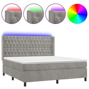 vidaXL Κρεβάτι Boxspring με Στρώμα & LED Αν.Γκρι 180x200 εκ. Βελούδινο