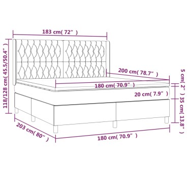 vidaXL Κρεβάτι Boxspring με Στρώμα & LED Αν.Γκρι 180x200 εκ. Βελούδινο