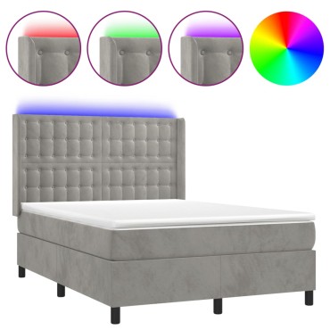 vidaXL Κρεβάτι Boxspring με Στρώμα & LED Αν.Γκρι 140x200 εκ. Βελούδινο
