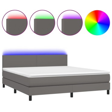 vidaXL Κρεβάτι Boxspring με Στρώμα & LED Γκρι 180x200cm Συνθ. Δέρμα 1 τεμ. - Διπλό