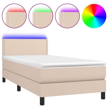 vidaXL Κρεβάτι Boxspring Στρώμα&LED Καπουτσίνο 100x200 εκ. Συνθ. Δέρμα