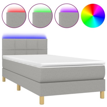 vidaXL Κρεβάτι Boxspring με Στρώμα & LED Αν.Γκρι 90x200 εκ. Υφασμάτινο