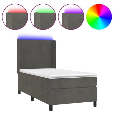 vidaXL Κρεβάτι Boxspring με Στρώμα & LED Σκ. Γκρι 80x200 εκ. Βελούδινο