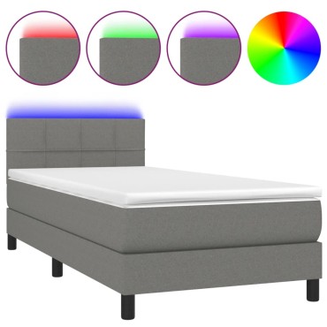 vidaXL Κρεβάτι Boxspring με Στρώμα & LED Σκ.Γκρι 100x200cm Υφασμάτινο 1 τεμ. - Μονό