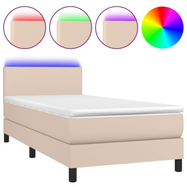 vidaXL Κρεβάτι Boxspring Στρώμα&LED Καπουτσίνο 100x200 εκ. Συνθ. Δέρμα