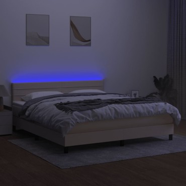 vidaXL Κρεβάτι Boxspring με Στρώμα & LED Κρεμ 160x200cm Υφασμάτινο 1 τεμ. - Διπλό