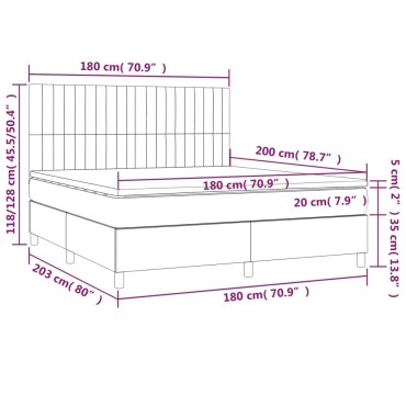 vidaXL Κρεβάτι Boxspring με Στρώμα & LED Αν.Γκρι 180x200εκ. Υφασμάτινο
