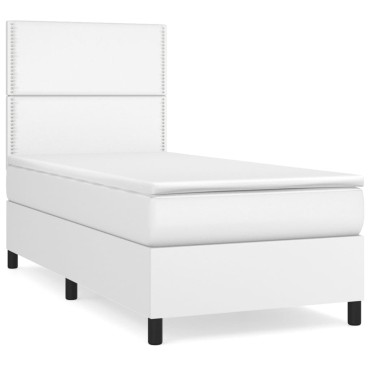 vidaXL Κρεβάτι Boxspring με Στρώμα Λευκό 90x190cm από Συνθετικό Δέρμα 1 τεμ. - Μονό